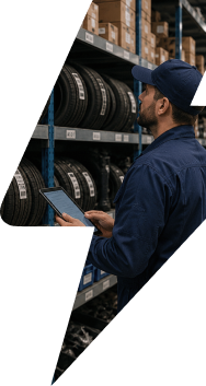 A technician using a tablet in an organized parts room