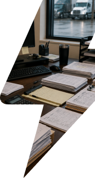 A cluttered desk with piles of paperwork